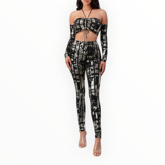 Foil Print 2-Piece Set with Halter Crop Top & Skinny Pants — Sabora