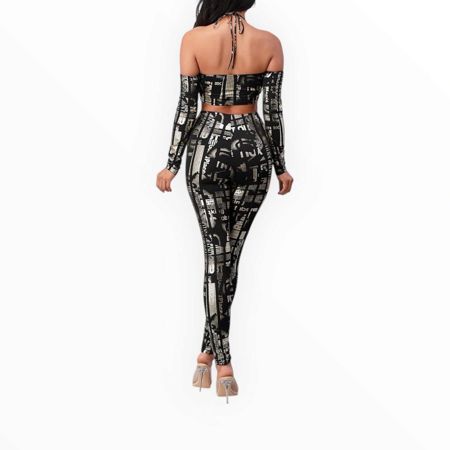 Foil Print 2-Piece Set with Halter Crop Top & Skinny Pants — Sabora