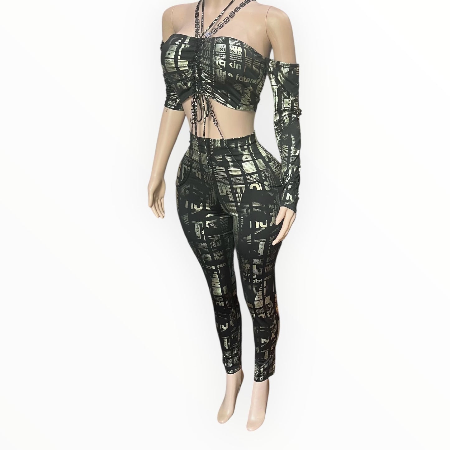 Foil Print 2-Piece Set with Halter Crop Top & Skinny Pants — Sabora