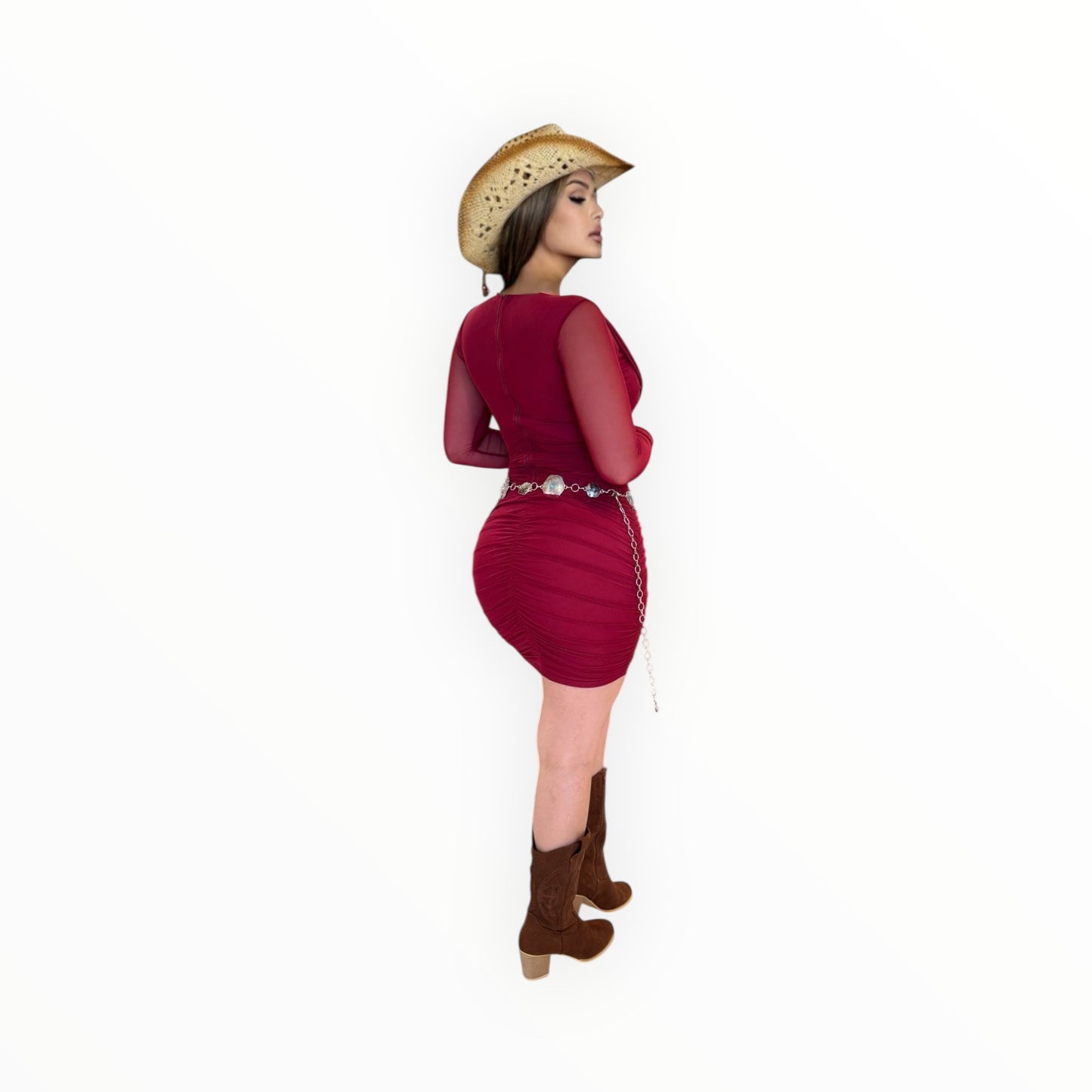 Mesh Long-Sleeve Front-Tie Mini Dress — Leyva’s