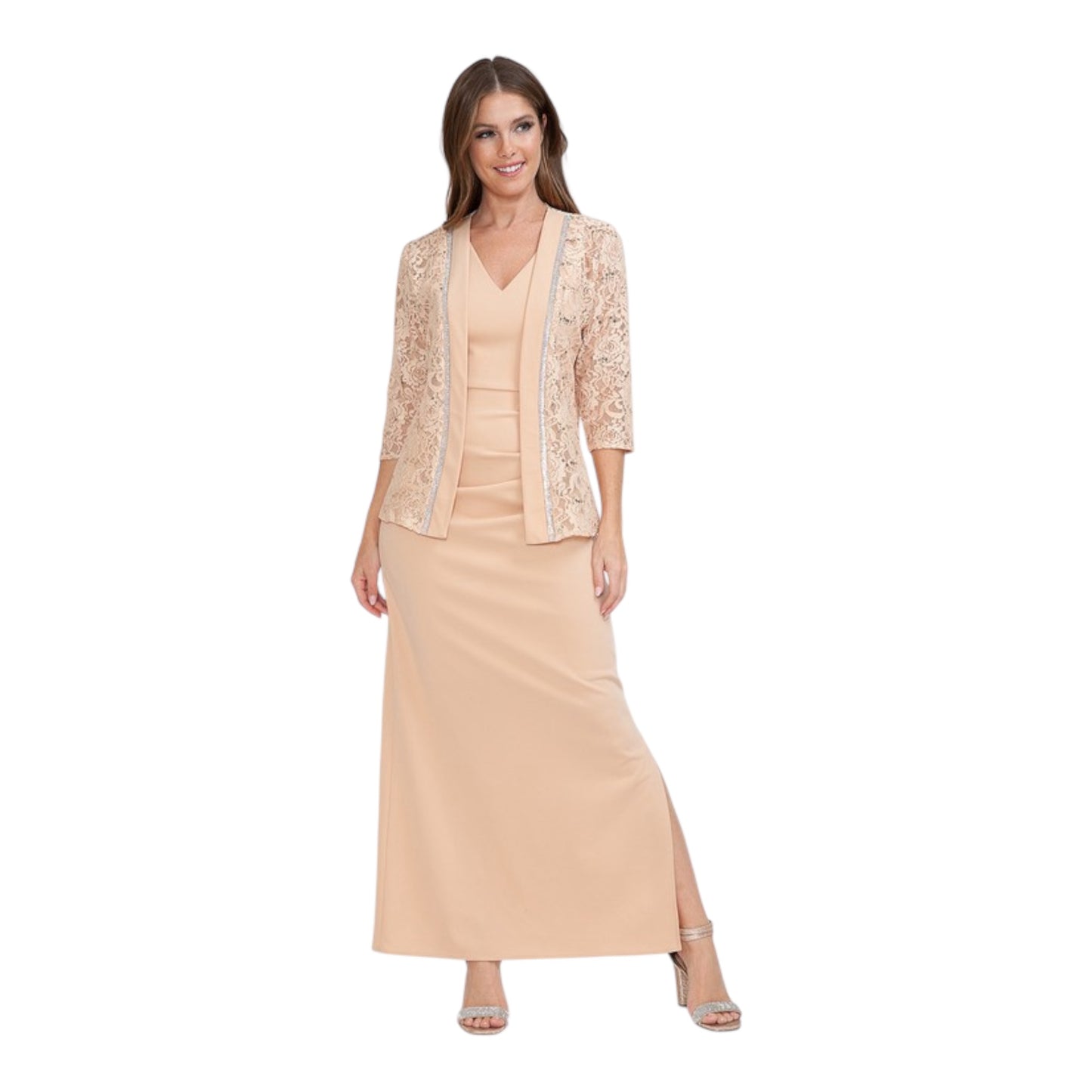 2-Piece Sequin Lace Jacket & Ruched Long Dress – Lenovia