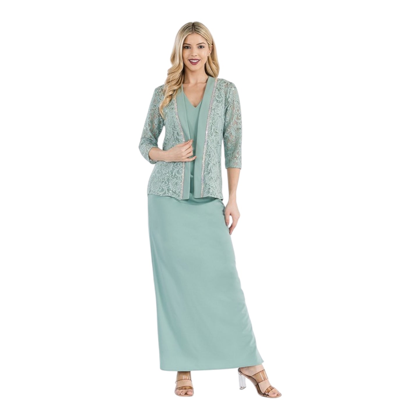 2-Piece Sequin Lace Jacket & Ruched Long Dress – Lenovia