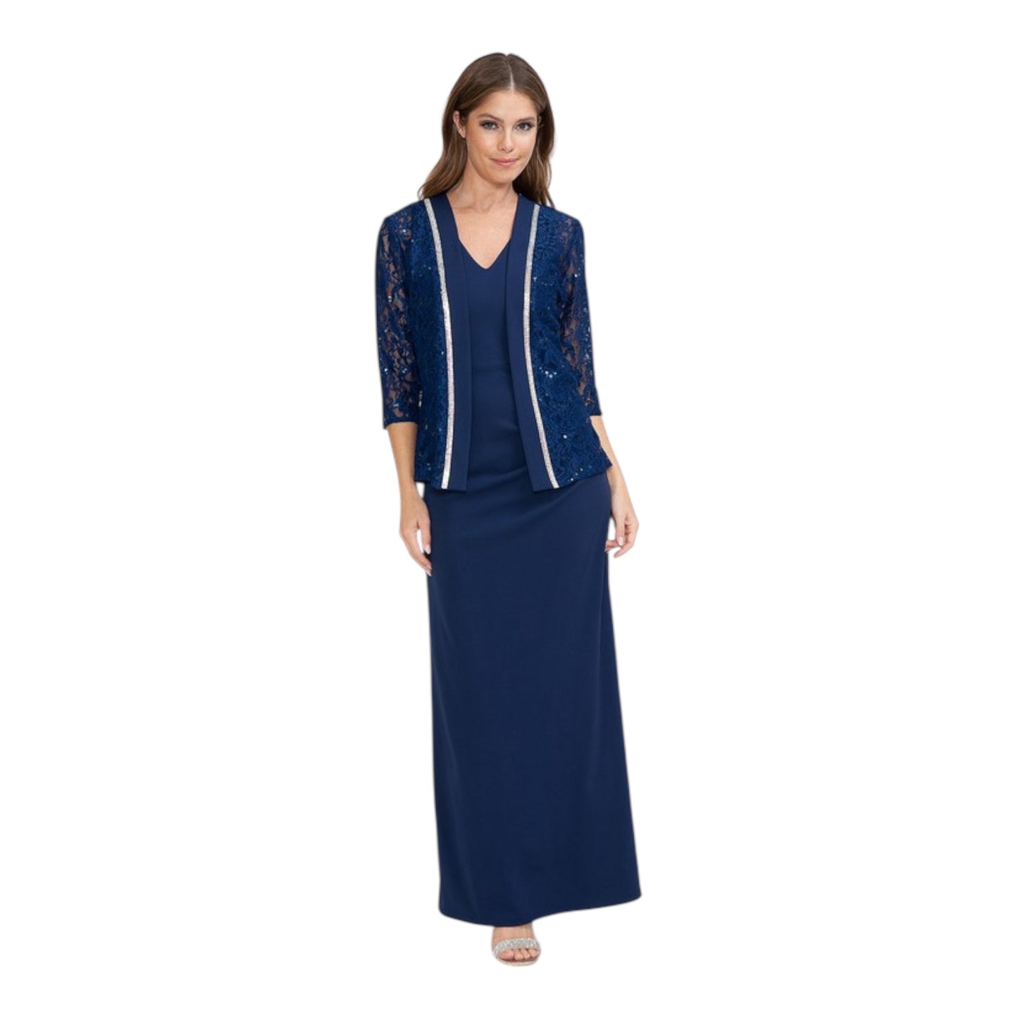 2-Piece Sequin Lace Jacket & Ruched Long Dress – Lenovia