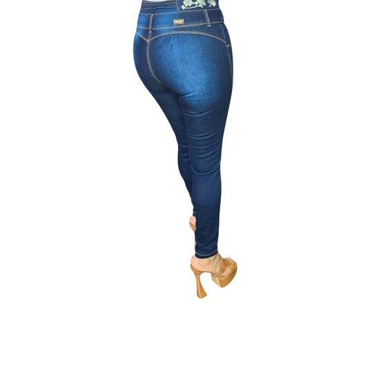 High-Waisted Colombian Jeans Dark Blue with Embroidery